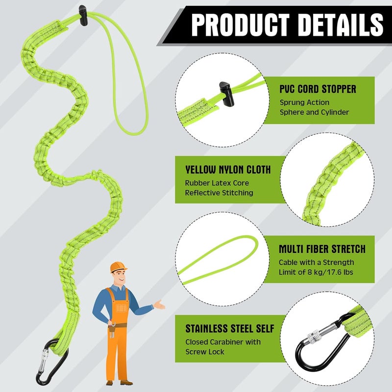 LEIFIDE 3 Pcs Tool Lanyard with Aluminum Screw Lock Buckle Retractable Bungee Cord 17.6lb 8kg Tough Adjustable Tether Tool Harness Fall Protection Tether for Construction(Green) - Image 3
